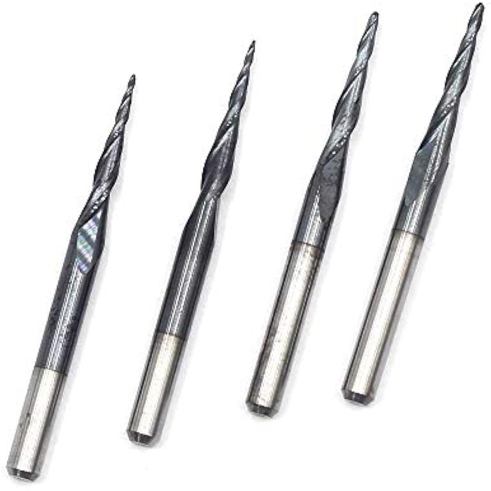Carbide End Mills 1/8 Shank 4 Pieces, 2pcs 0.5mm & 0.25mm Tapered Ball