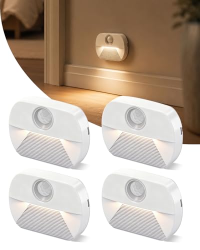 Luz nocturna LED con detector de movimiento, 4 unidades de luz de movimiento para niños, funciona con pilas, iluminación interior para escaleras, luz de sensor de encendido/apagado para pasillo