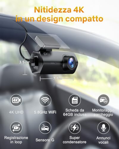 GKU 4K Car Dash Cam with UHD 2160P, Dashcam Car with WiFi 5.8GHz, 64G SD Card, 24H Parking Monitor, Super Night Vision, 170° Wide Angle, WDR, G-Sensor, Loop Recording, Max 256G