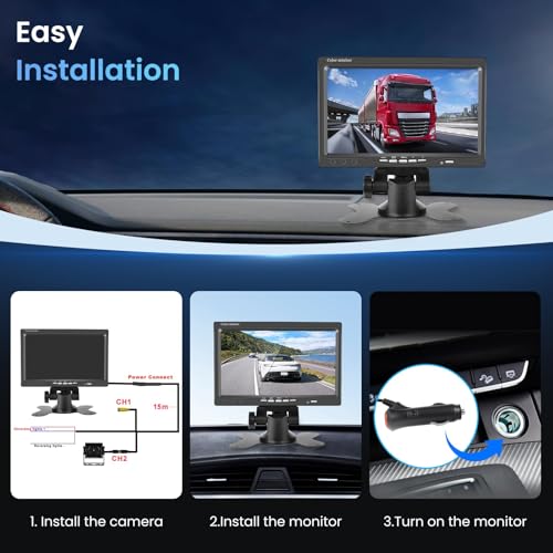 7 Inch HD Reversing Camera Monitor, IP69 Waterproof IR Night Vision Rear View Camera for Truck, Bus, Van, Camper, Pickup, 15M Cable
