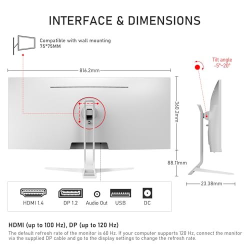 Gawfolk 34 Pulgadas IPS Ultrawide 120Hz Gaming Computer Monitor, 21:9 UWFHD (2560x1080) PC Screen, 120% sRGB, Adaptive Sync, 178° Viewing Angle, DP, HDMI, Compatible with Wall mounting - White