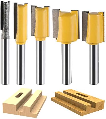 KitsPro 5 Pcs Straight Router Bit Set 1/4" Shank for all kinds of dado and straight cut routing(Yellow)