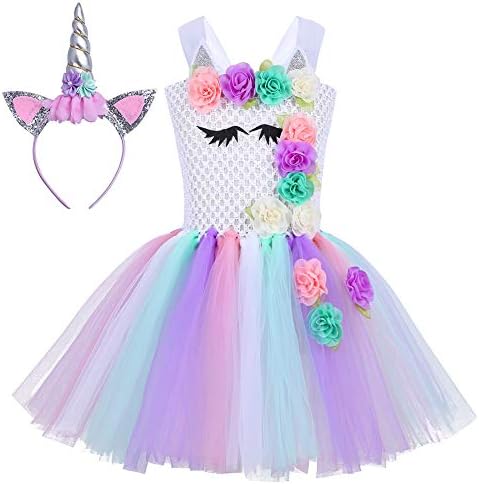 Handmade Flower Girls Unicorn Tutu Dress with Headband for Kids Birthday Princess Party Costume Carnival Clothes