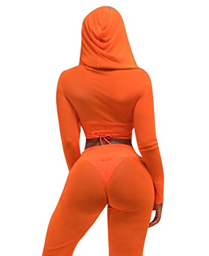 Womens See Though Sheer Mech Hoodies Crop Top Pants Set 2 Piece Outfits S Orange