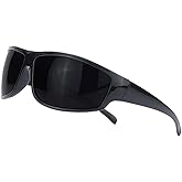 PLOPLO Super Dark Black Polarized Sunglasses Biker Rider Wrap Around Sport Sunglass UV400 Protection For Sensitive Eyes