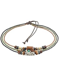 Collar gargantilla ajustable estilo tribu antigua unisex, hecho con tiras de cáñamo con abalorios de madera