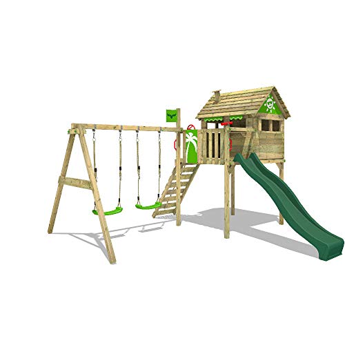 Fatmoose Spielturm Klettergerüst FunFactory mit Schaukel & grüner Rutsche, Stelzenhaus mit Leiter & Spiel-Zubehör