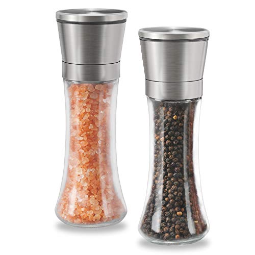 Salt and Pepper Grinder Set, Trofoty Elegant Salt and Pepper Mill Set with Adjustable Ceramic Grinder, Stainless Steel and Glass, Salt and Pepper Shaker with Lid 6 OZ Set of 2 - Thumbnail 7