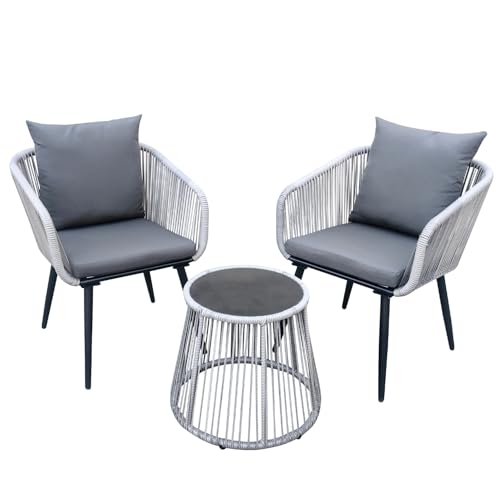 YIYAN 3 Piece Patio Bistro Set, Wicker Outdoor Patio Set with Enhanced Comfort Seating, Round Glass Top Coffee Side Table, Patio Rattan Conversation Set for Balcony, Lawn, Garden, Backyard (Gray)