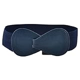 Women Faux Leather 8 Shaped Interlocking Buckle Spandex Waist Belt Dark Blue