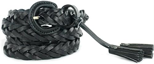 UER Women's Fashion Cow Leather Braid Skinny Belt Waist Belt With Tassel (Black)