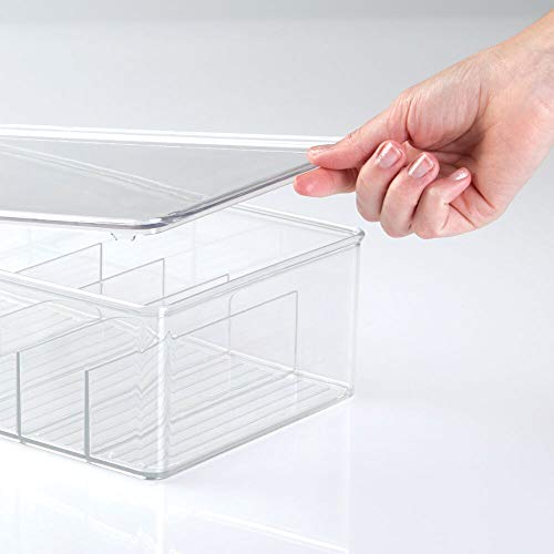mDesign Stackable Plastic Storage Bin Box with Lid - Divided Organizer for Vitamins, Supplements, Serums, Essential Oils, Medicine Pill Bottles, Adhesive Bandages, First Aid Supplies - 4 Pack - Clear