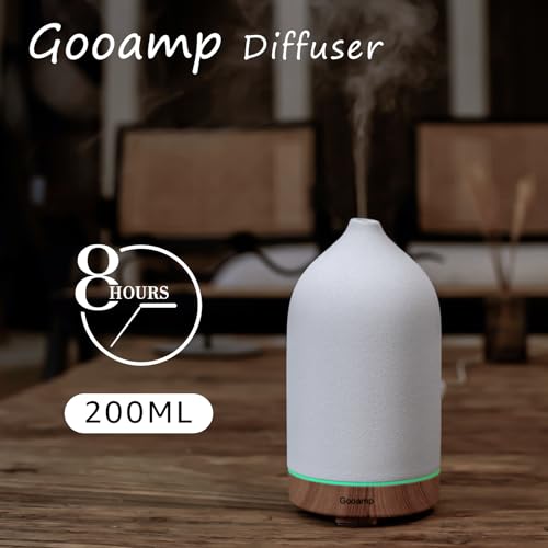 Gooamp 200ML Ceramic Essential Oil Diffuser for Home Humidifier | Ultrasonic Aromatherapy Diffuser Humidifier 7 Color LED Lights,Auto Shut-Off,3 Timers for Bedroom,Office,Yoga,Wood Grain Base