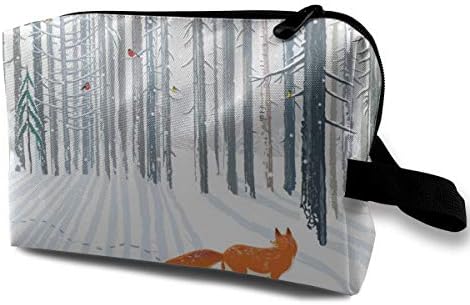 フォックスと冬の森の風景 化粧ポーチ メイクポーチ コスメポーチ トラベルポーチ トイレタリーバッグ シングルファスナーポーチ 割引も実施中 大容量 収納 防水 化粧品 ハンドバッグ 財布 ペンケース 小物入れ 洗面用具