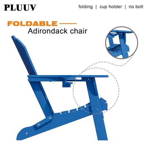 Patio Kingdom Folding Adirondack Chairs with Cup Holders, Set of 6 HDPE Plastic Outdoor Chairs, Weather Resistant, Real Wood Look, Heavy-Duty Patio Furniture for Deck, Fire Pit, Backyard, Blue