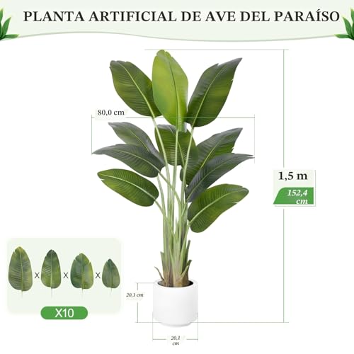 ZEEOZE Artificial Plant Bird of Paradise 150 cm Decorative Artificial Plants with 10 Banana Leaves, Large Indoor Artificial Plant with White Pot for Home Decoration Living Room Home Room Decor