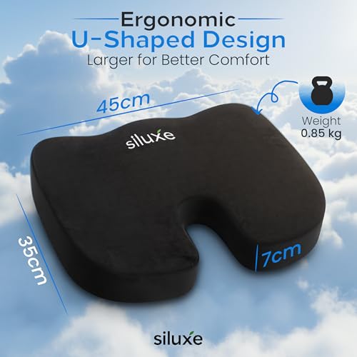 Siluxe Premium Gel-Infused Memory Foam Coccyx Seat Cushion – Orthopedic Tailbone & Sciatica Pain Relief Pillow for Office Chair, Car, Home & Wheelchair – Pressure Relief Chair Pad (Black)