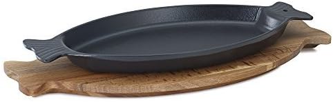 Essenso Chambery Specialty Cast Iron Fish Pan with Four-Layer Enamel Interior and Exterior, Black with Wood Trivet Tray by Essenso Soho