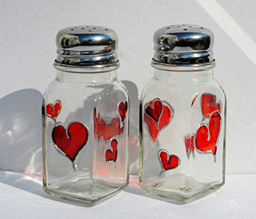 Red Hearts Hand Painted Glass Salt and Pepper Shakers Set