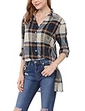Allegra K Women's Side Slit Hi-Lo Hem Loose Boyfriend Plaid Shirt