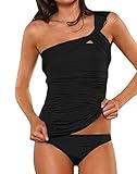 Dellytop Women's One Shoulder Swimsuit Two Piece Ruched Tankini Tummy Control Bikini Set