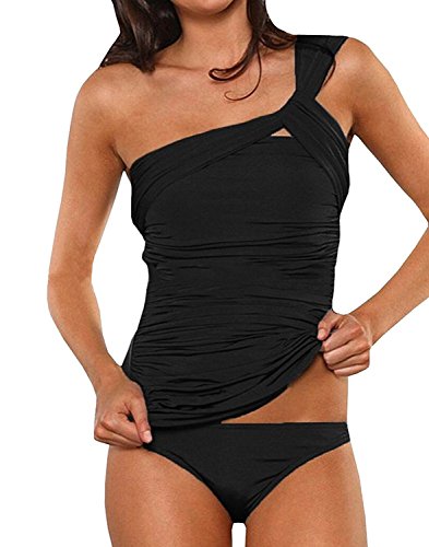 Dellytop Womens One Shoulder Swimsuit Two Piece Ruched Tankini Tummy Control Bikini Set,Black,Large