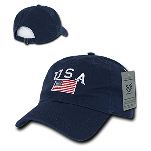 USA and American Flag Embroidered Washed Cotton Adjustable Cap - NAVY