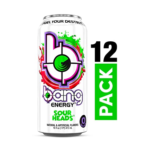 Bang Energy Sour Heads, SugarFree Energy Drink, 16Ounce (Pack of 12