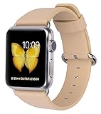 JSGJMY Apple Watch Band 38mm Women Genuine Leather Loop Replacement Strap for iWatch Series 3/Series 2/Series 1/Edition/Sport(Beige+Silver Buckle)