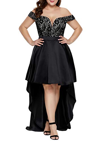 Elapsy Womens Sexy Elegant Lace Off Shoulder Formal High Low Deep V Neck Party Long Dress Wedding Gown Plus Size Black X-Large - Thumbnail 3