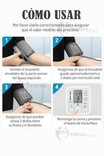 FARMADAR Monitor de Presion Arterial para Brazo con Pantalla LED, Baumanómetro Digital con Pantalla, Deteccion Automática y Precisa de la Presión Sanguínea, Multiples tipos de Medicion Y Oximetro de pulso para dedo. USO FACIL PARA TODA LA FAMILIA