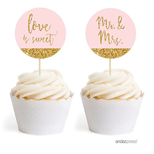 Andaz Press Blush Pink Gold Glitter Print Wedding Collection, Round Cupcake Topper DIY Party Favors Kit, 20-Pack