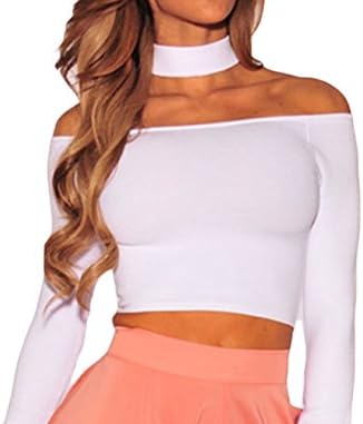 Shawhuwa Womens Sexy Off Shoulder Long Sleeve Choker Zipper Crop Top