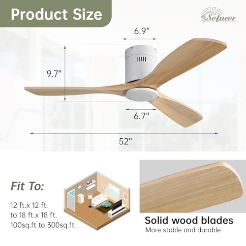 Sofucor 132 cm Solid Wood Ceiling Fan, 6 Speed, Control, Timer, DC Motor, Silent Ceiling Fan for Bedroom Living Room