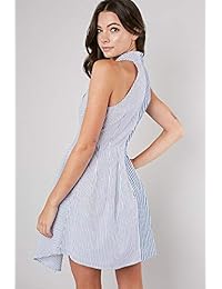 Vestido casual de algodón con cuello en V y rayas azules y blancas