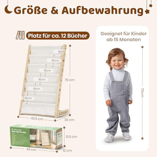 Kinderbücherregal Montessori – Bücherregal Kinder mit 6 Stofffächern, frontal offenes Bücher-Display aus Kiefernholz, Kinderregal für Kinderzimmer & Leseecke, Naturholz, 42 x 30 x 76 cm