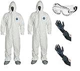 DuPont TY122S Disposable Elastic Wrist, Bootie & Hood White Tyvek Coverall Suit 1414 (XL- 2 Pack w/ Glove & Goggle)