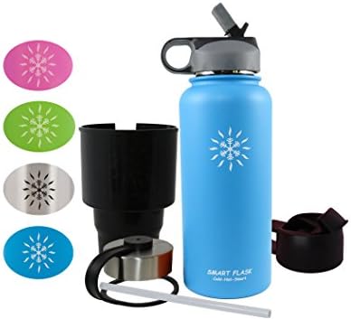 Smart Flask Have it all package. Stainless Steel Vacuum Insulated water bottle, Car Cup Adapter, Straw Lid, Flip Top and Stainless Steel Lid, 32 Oz. (Blue) (Blue)