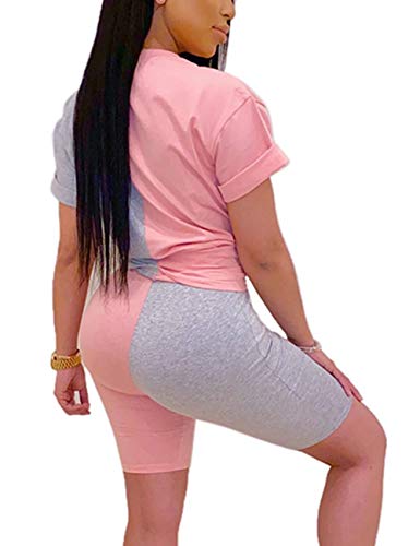 Women 2 Piece Outfits Casual Color Block Short Sleeve Tops Bodycon Shorts Summer Tracksuit Set Pink&Grey L