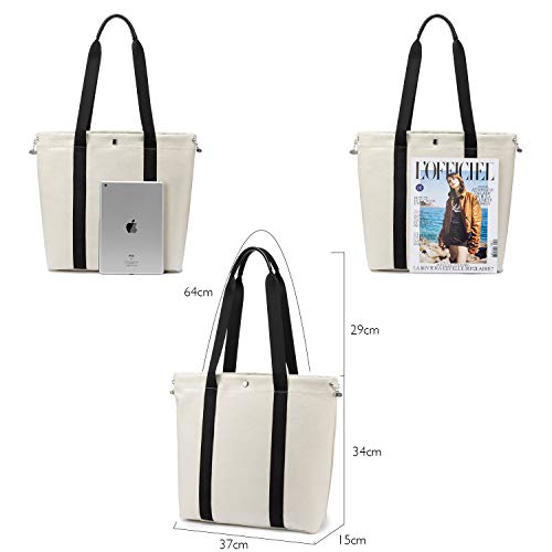 LOVEVOOK Canvas Shopper Damen Handtasche Schultertasche Umhängetasche Einkaufen Arbeiten Schule Reisetasche PU-Griff Schrumpfseil Henkeltasche Cremeweiß