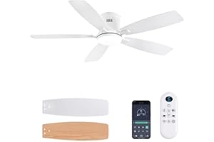 FUMLTP 52inch Flush Mount Ceiling Fans with Lights and Remote/APP Control, Dimmable LED, Reversible DC Motor, Noiseless, Low Profile White Ceiling Fan for Livingroom, Indoor/Outdoor Use