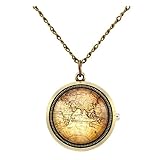 Top Plaza Retro Classic Antique Bronze Fob Pocket Watch Rotatable Hemisphere World Map Vintage Pendant Necklace Analog Quartz Watch with Chain
