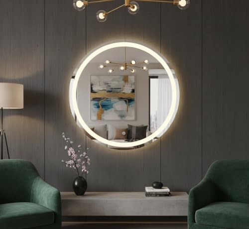 Espelho Redondo 3 Cores de LED e Touch Screen - Vários tamanhos - Decorativo Lapidado Iluminado Luxo (90x90cm)