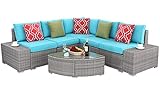 Do4U 6 PCs Outdoor Patio PE Rattan Wicker Sofa Sectional Furniture Set Conversation Set- Thick Seat Cushions & Glass Coffee Table| Patio, Backyard, Pool| Steel Frame (Turquoise)