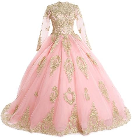 LEJY Women's Muslim Wedding Dresses High Neck Applique Long Sleeves Ball Gowns