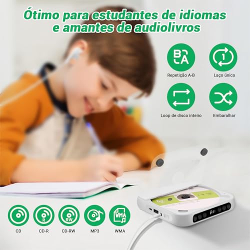 135 x 135 x 25 mm, Mini CD Player Portatil, 2000mAh, Pode Ser Levado com Você, Compatível com Fones de Ouvido Toca CD, Alto-Falantes Duplos Integrados