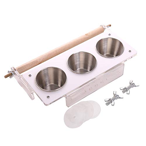 QBLEEV Bird Feeding 3 Cups Holder for Cage,Parrots Playgym Seed Food Water Dish,Play Stand Hanging Stainless Steel Perches Coop Bowls Feeder with Clamp,4.5 OZ
