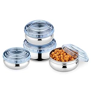 Jensons Stainless Steel 4Pcs Belly Shape Storage Set with See Thru (Transparent) Blue Color Break Resistant…