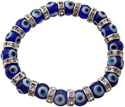 Evil Eye Stretch Girls Charm Bracelet with Navy Blue Murano Glass Beads and Zircon Crystals