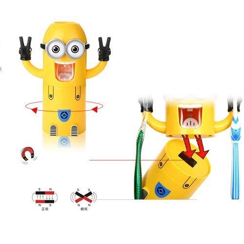 Cute Two Eyes Despicable Me Minions Design Combo Set Toothbrush Holder Automatic Toothpaste Dispenser with Rinse Cup (Yellow)